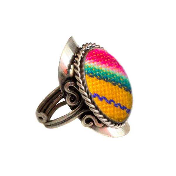 Bague Tissu Péruvien Ronde Jaune Rose - Inka Products