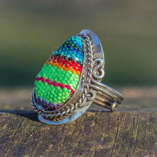 Bague Tissu Péruvien Goutte Verte - Inka Products