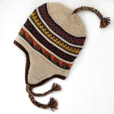 Bonnet Chullo Péruvien Réversible Tissé Main en Alpaga avec Motifs Ethniques - Inka Products