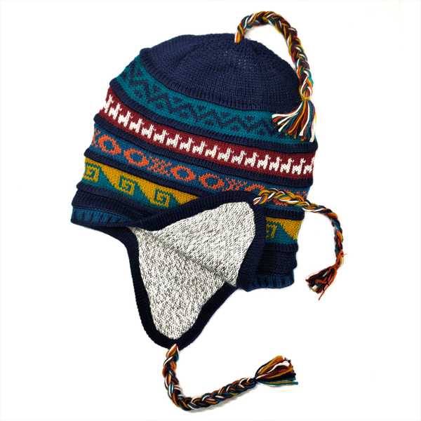 Bonnet Chullo Péruvien Réversible Tissé Main en Alpaga avec Motifs Ethniques - Inka Products