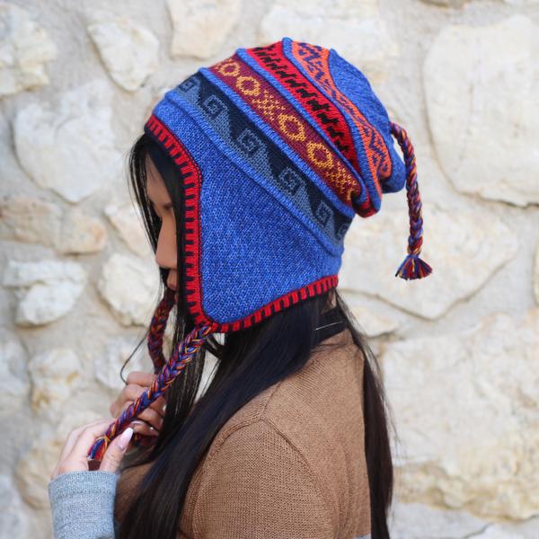 Bonnet Chullo Péruvien Alpaga Tissé Main en Alpaga avec Motifs Ethniques - Inka Products