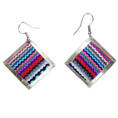 Boucles d'Oreilles Tissu Traditionnel Péruvien Losange Coloré Rose - Inka Products