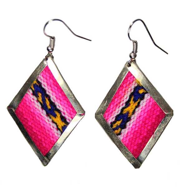 Boucles d'Oreilles Tissu Traditionnel Péruvien Losange Rose-Violet - Inka Products