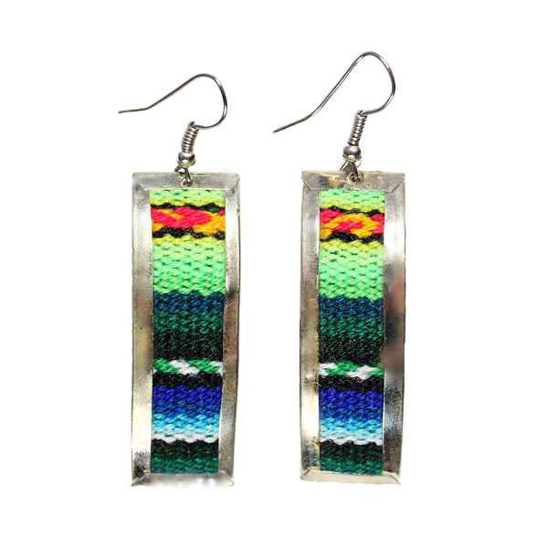 Boucles d'Oreilles Tissu Traditionnel Péruvien Rectangle Coloré Vert - Inka Products