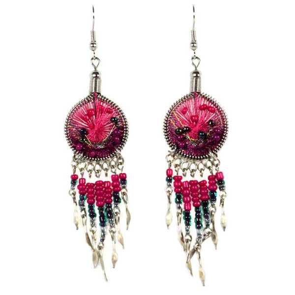 Boucles d'Oreilles Attrape Rêves Fils Fuchsia et Violet avec Perles de Rocailles - Inka Products