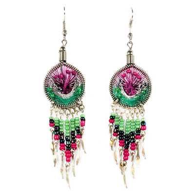 Inka-Products-Dream Catcher Earrings-Purple and Green Threads with Seed Beads