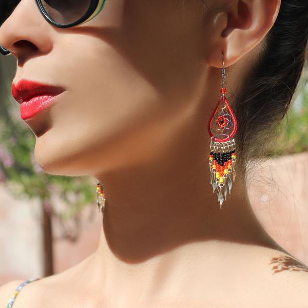 Boucles d'Oreilles Péruviens Goutte Attrape Rêves Perles de Rocailles - Inka Products