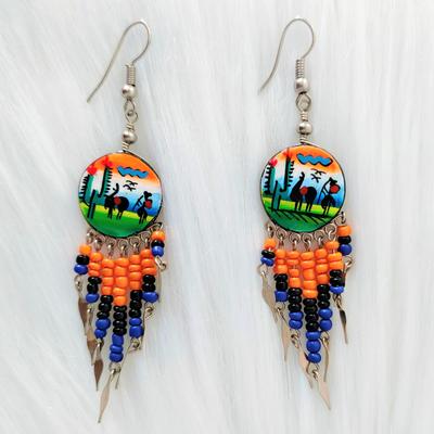 Inka-Products-Boucles d'Oreilles Rondes Céramique Artisanale-Perles de Rocailles