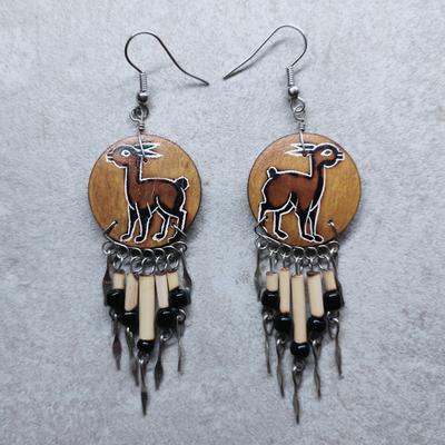 Inka-Products-Boucles d'Oreilles Longues Péruviennes - Maté Gravée-Vigogne Gravée/Franges de Bambou et Graines