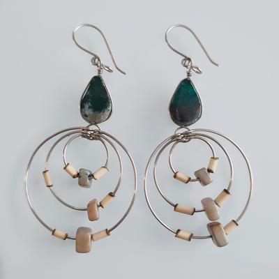 Inka-Products-Boucles d'Oreilles en Pierre Semiprécieuses-Goutte et Trois Cercles Artisanal du Pérou