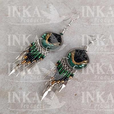 Inka-Products-Boucles d’oreilles péruviennes Attrape-rêves-Noir, Jaune et Vert