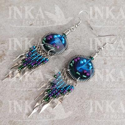 Inka-Products-Boucles d’oreilles péruviennes Attrape-rêves-Bleu ciel, violet & vert