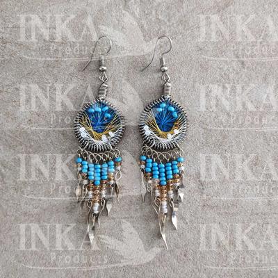 Inka-Products-Boucles d’oreilles Péruviennes Attrape-rêves-Bleu ciel, Jaune & Blanc