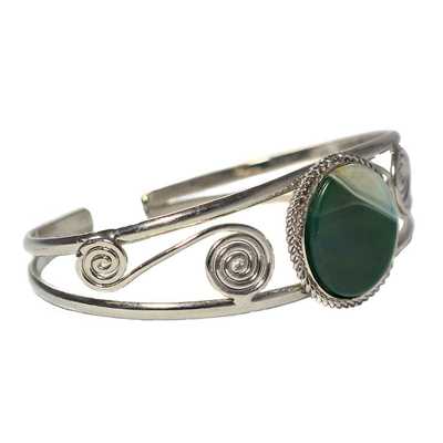 Bracelet en Métal Argenté QILLA Pierre Semi-précieuse Agate Verte Blanche - Inka Products