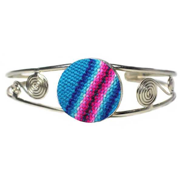 Bracelet en Métal Argenté Péruvien Tissu Traditionnel Andin Bleu Ciel - Inka Products
