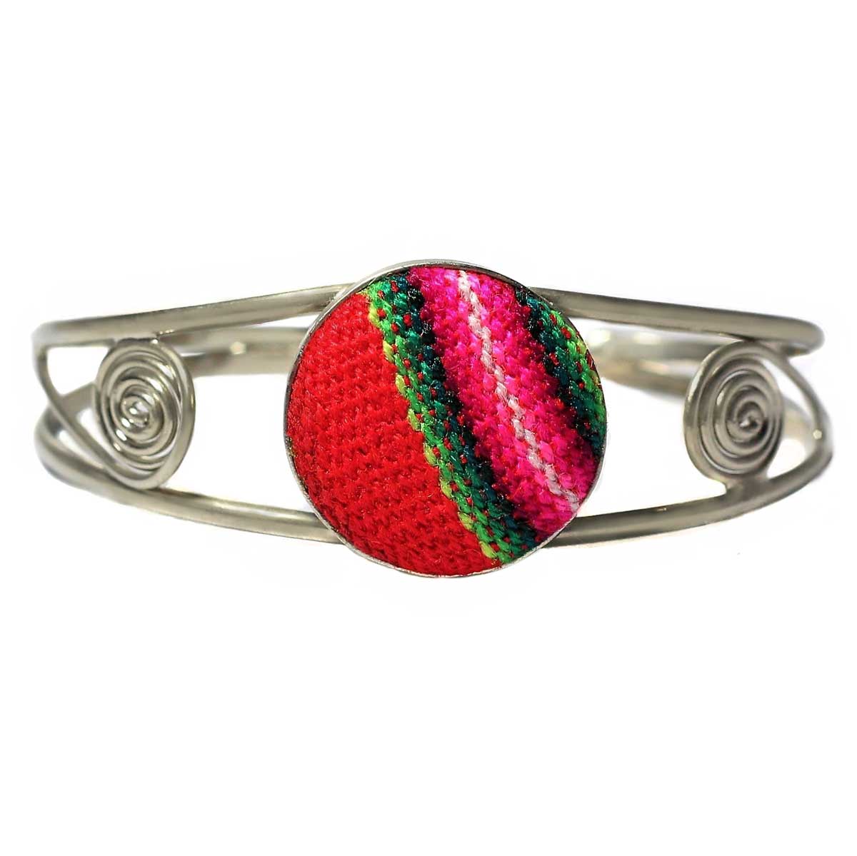 Inka-Products-Bracelet en Métal Argenté Péruvien-Tissu Traditionnel Andin Rouge