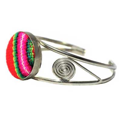 Bracelet Péruvien Métal Argenté Tissu Traditionnel Andin - Inka Products
