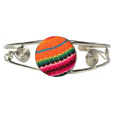 Bracelet en Métal Argenté Péruvien Tissu Traditionnel Orange Coloré - Inka Products