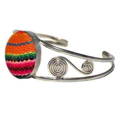 Bracelet en Métal Argenté Péruvien Tissu Traditionnel Orange Coloré - Inka Products