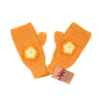 Inka-Products-Mitaines Courtes à Côtes-Laine Alpaga Jaune Fleur