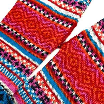 Mitaines Longues UNIK Baby Alpaga Rouge Coloré Motifs Ethniques - Inka Products