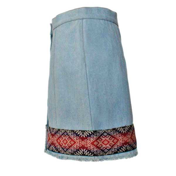 Mini-jupe Femme Denim Mochica Tissu Traditionnel Andin Orange Foncé et Violet - Inka Products