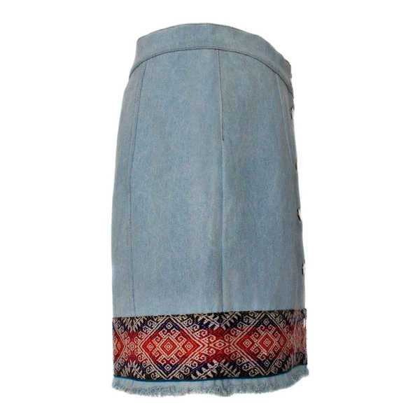 Mini-jupe Femme Denim Mochica Tissu Traditionnel Andin Orange Foncé et Violet - Inka Products