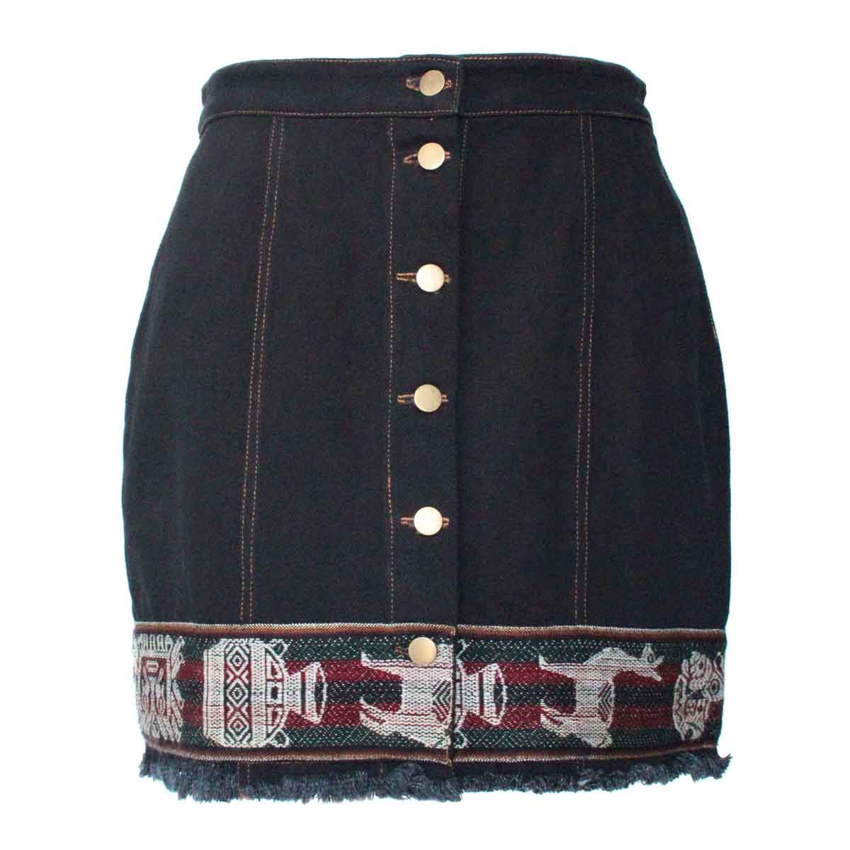 Inka-Products-Mini-jupe Femme Denim Noir-Tissu Traditionnel Andin Bordeaux