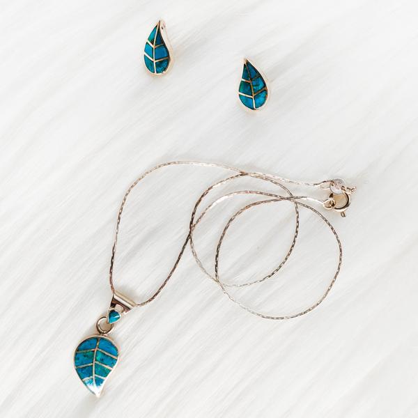 Parure Collier et Boucles d'Oreilles Argent950/1000 et Pierres Semi Précieuses Naturelles Feuille de Coca Péruvienne - Inka Products