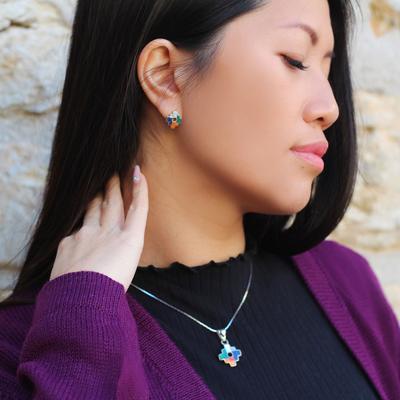 Silver Necklace and Earrings Set 950/1000 Natural Semi-Precious Stones Chacana Andean Cross - Inka Products