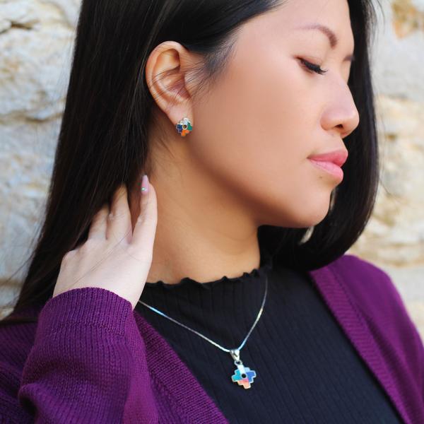 Parure Collier et Boucles d'Oreilles Argent950/1000 et Pierres Semi Précieuses Naturelles Croix de la Chacana - Inka Products