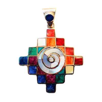Pendentif Argent CHAKANA Argent 950 incrusté de Pierres Semi-précieuses - Inka Products