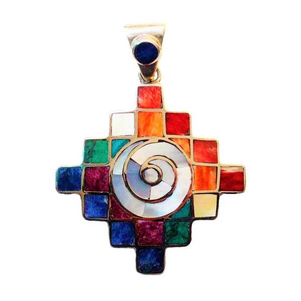 Pendentif Argent CHAKANA Argent 950ème incrusté de Pierres Semi-précieuses - Inka Products