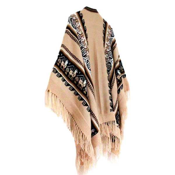 Poncho Alpaga JAYWAY Beige Crème Motifs Ethniques - Inka Products